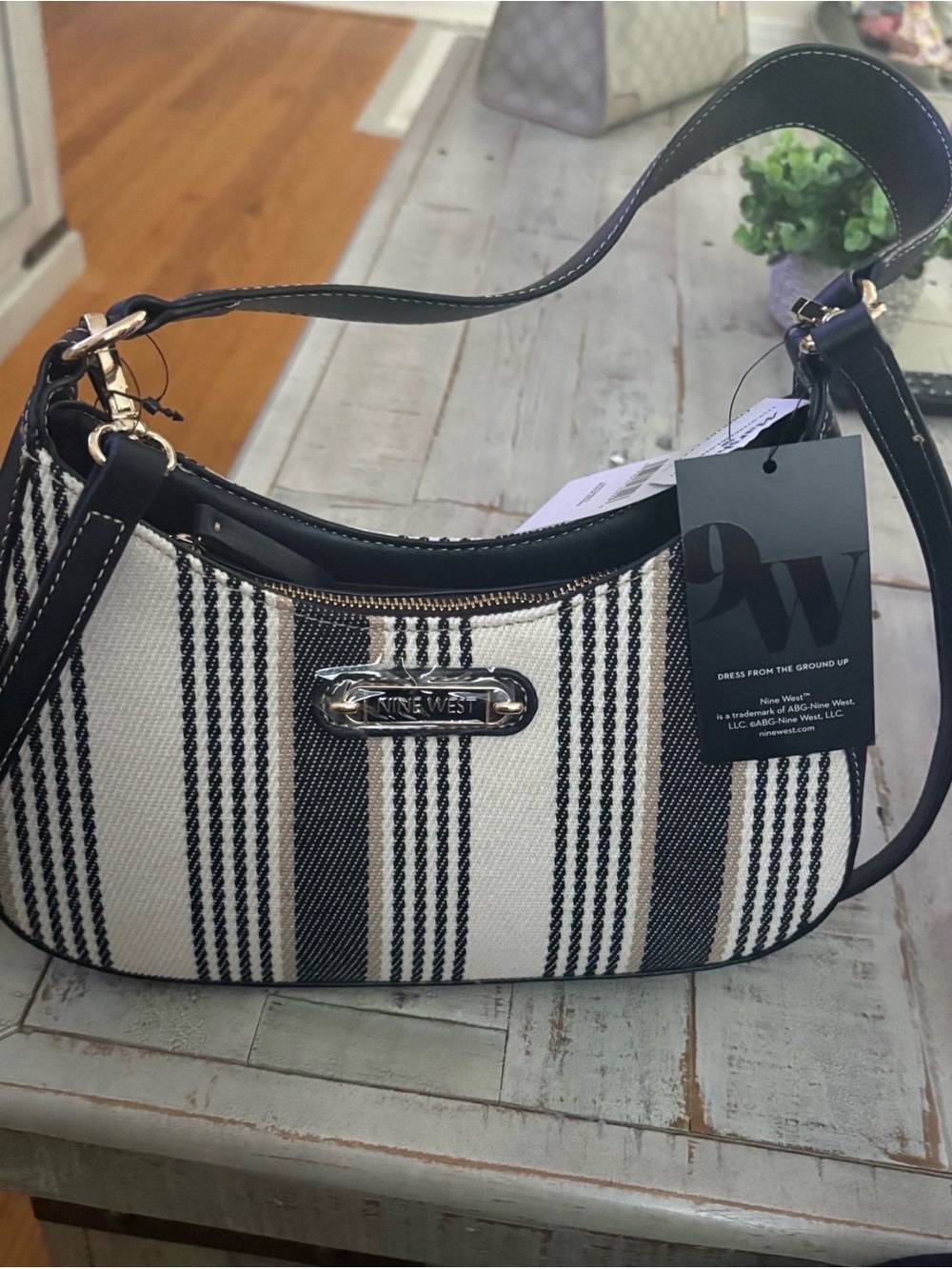 Nine West Black and White Striped Shoulder Hobo